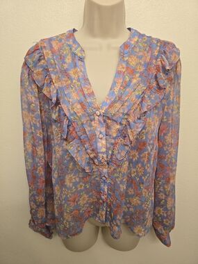 NWT Zara Ladies Light Blue Ruffle Front Blouse With Pink & Yellow Flowers